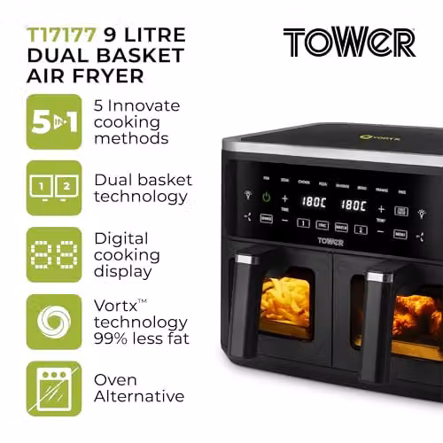 Tower Vortx Vizion 9L Dual Basket Air Fryer with Digital Control Panel, 8 Cooking Pre-sets, Sync and Match Cook Functions, 2400W, Black, T17177, W/D/H: 42 x 40 x 29.6 cm – 2
