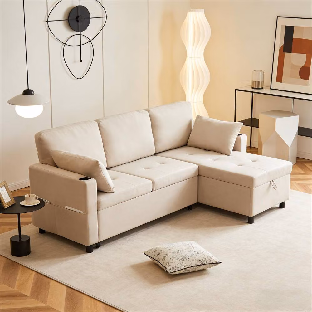 BTM Beige L-Shaped Reversible 3-Seater Fabric Sofa Bed with Storage and Cup Holders – 2