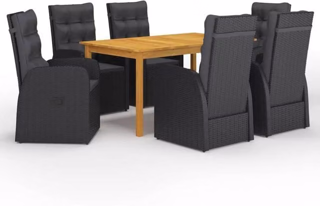 Berkfield Home 7 Piece Modern Acacia Wood Garden Dining Set with Black Rattan and Powder Coated Steel Frame – 1