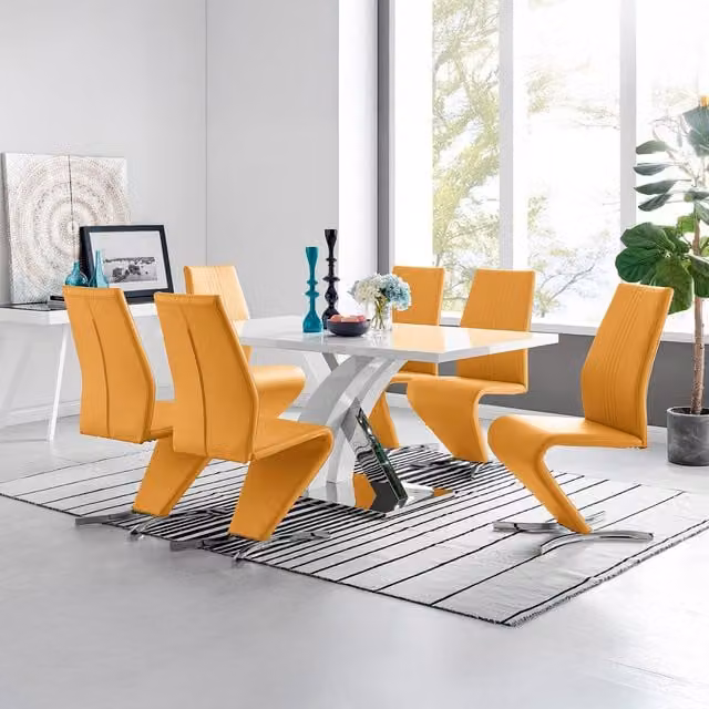 FurnitureboxUK Atlanta Modern Rectangular High Gloss White Dining Table and 6 Willow Chairs Set in Yellow