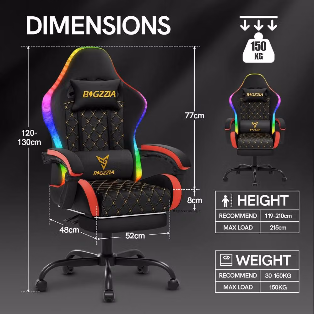 Gartistgo Gaming Chair with RGB Lights and Footrest in Black PU Leather – 2