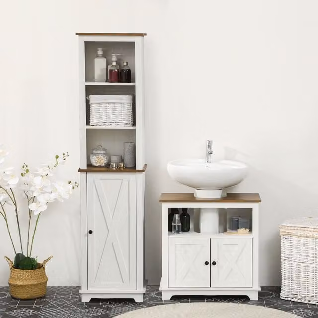 Kleankin 2 Piece Bathroom Furniture Set with Tall Cabinet and Vanity Unit in White Ash Wood Effect