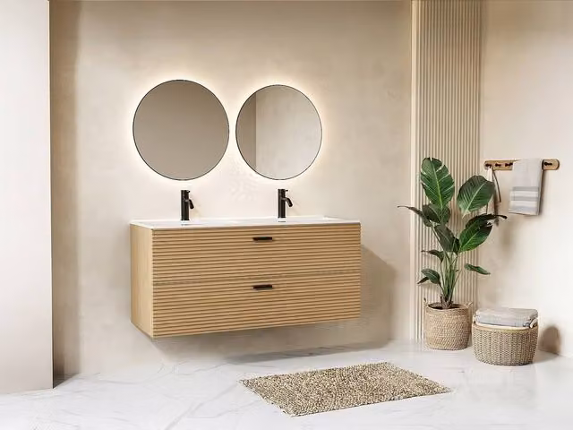 Vente-unique Striped Wall-Hung Bathroom Vanity Unit with Undermount Basin in Light Oak, W: 120 cm, D: 46 cm, H: 55 cm – 1