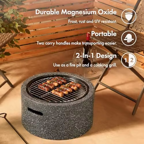 VonHaus 2-in-1 Fire Pit and BBQ Cooking Grill with Mesh Cover and Poker, Grey Stone Effect MgO Material – 3