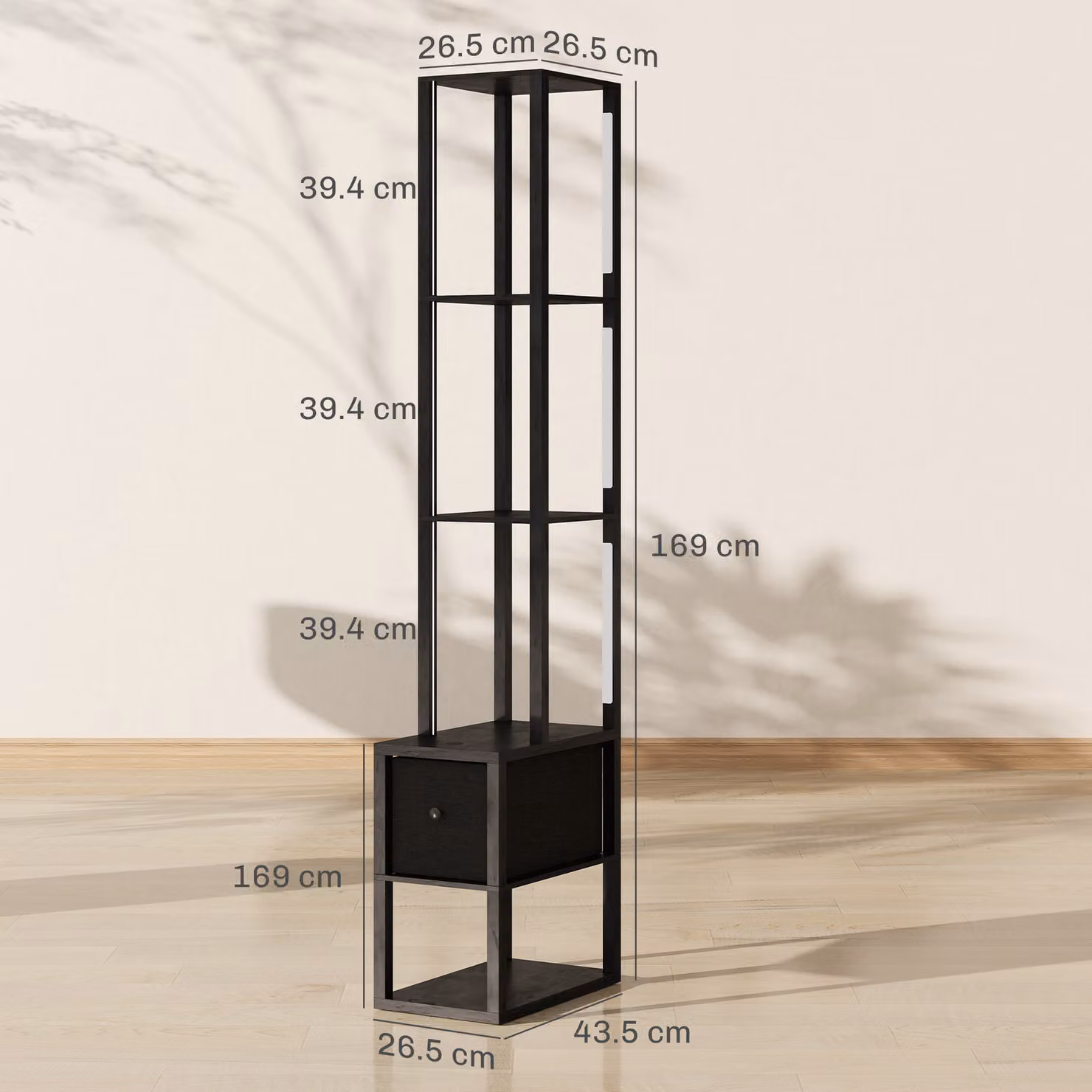 HOMCOM Modern LED Floor Lamp with Shelves and Fabric Drawer, Dimmable Column Standing Lamp in Black – 3