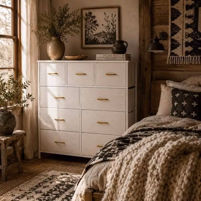 Wyld Haus Tafi 9 Drawer Boucle Storage Chest in Cream White with Gold Metal Frame