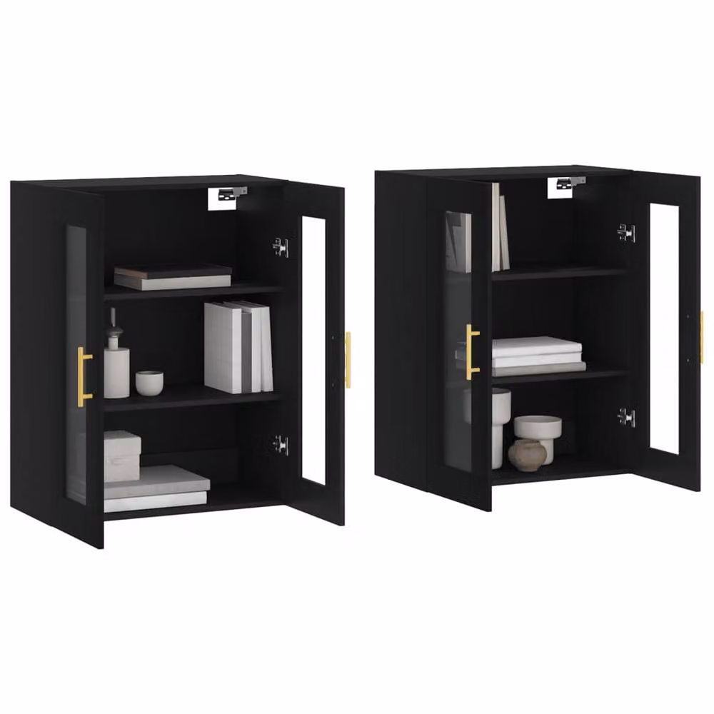 Berkfield Home Set of 2 Modern Wall Mounted Cabinets in Black with Glass Doors and Internal Shelves – 2