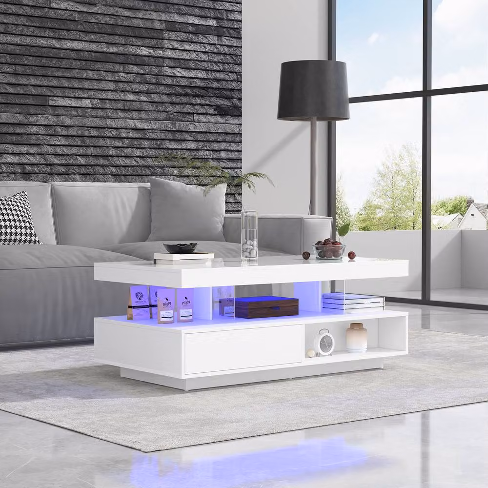STILVORA Modern White Glossy Coffee Table with 2 Drawers, LED Lighting and Glass Top – 2