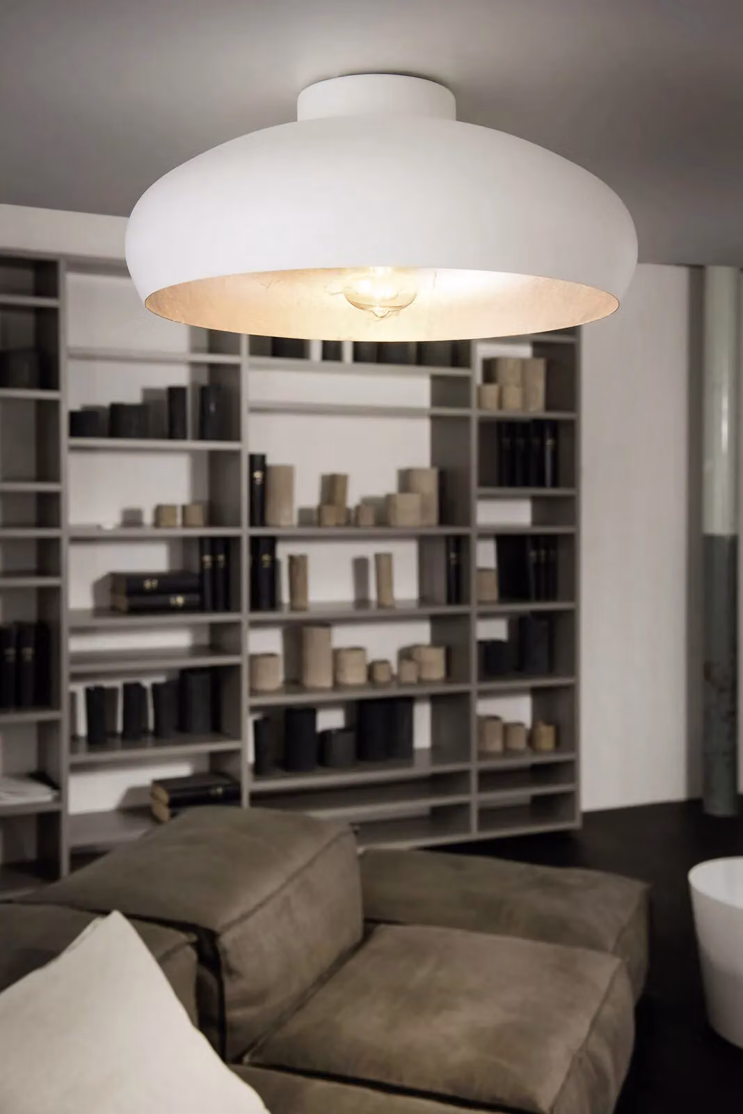 Loops Semi Flush Ceiling Light in White and Silver with Round Shade and E27 Bulb Holder – 2