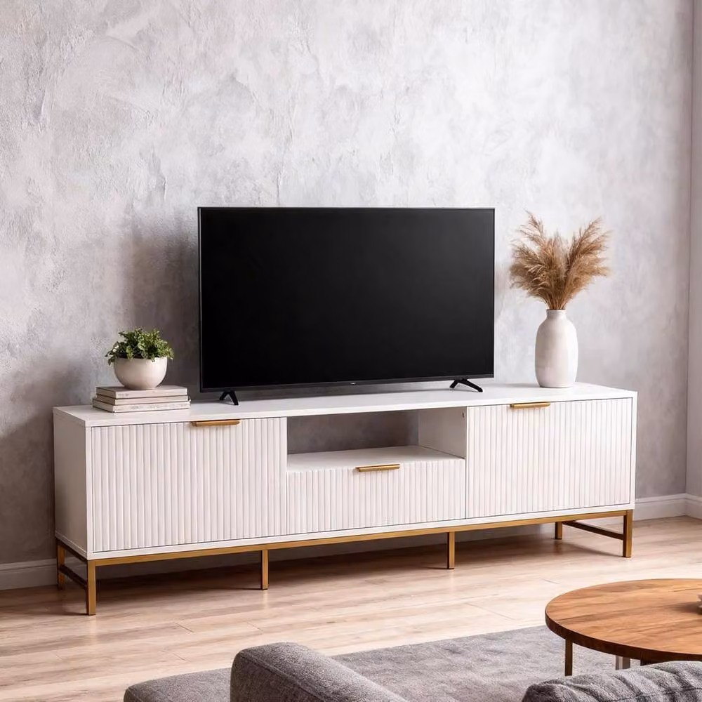 FURNITURE ONE White TV Cabinet with 1 Drawer, 2 Doors and Open Shelf in Natural White and Gold, W: 154 cm, H: 56 cm, D: 39 cm – 3