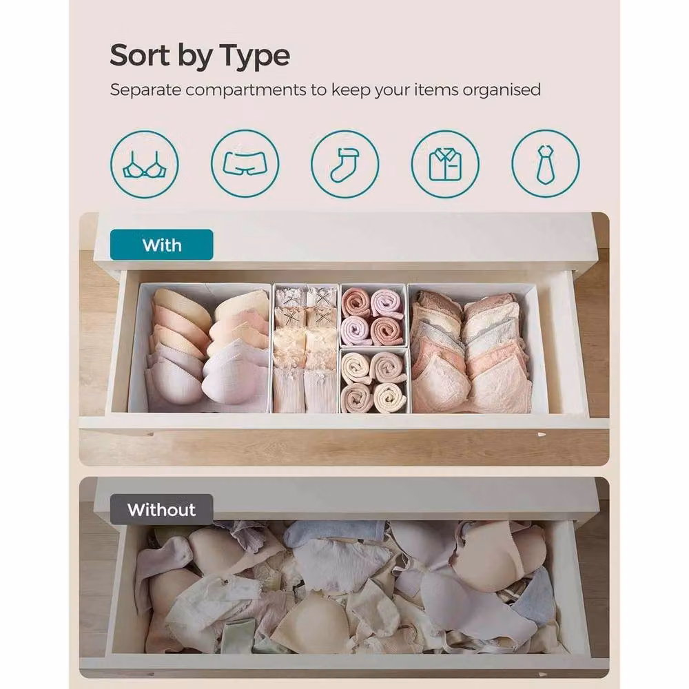 The Bazaarist Set of 12 Foldable Fabric Drawer Storage Boxes with Dividers, White – 3