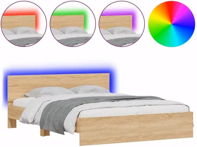 Berkfield Home Sonoma Oak Bed Frame with LED Lighting and USB Charging Port, Brown, W: 160 cm, D: 200 cm