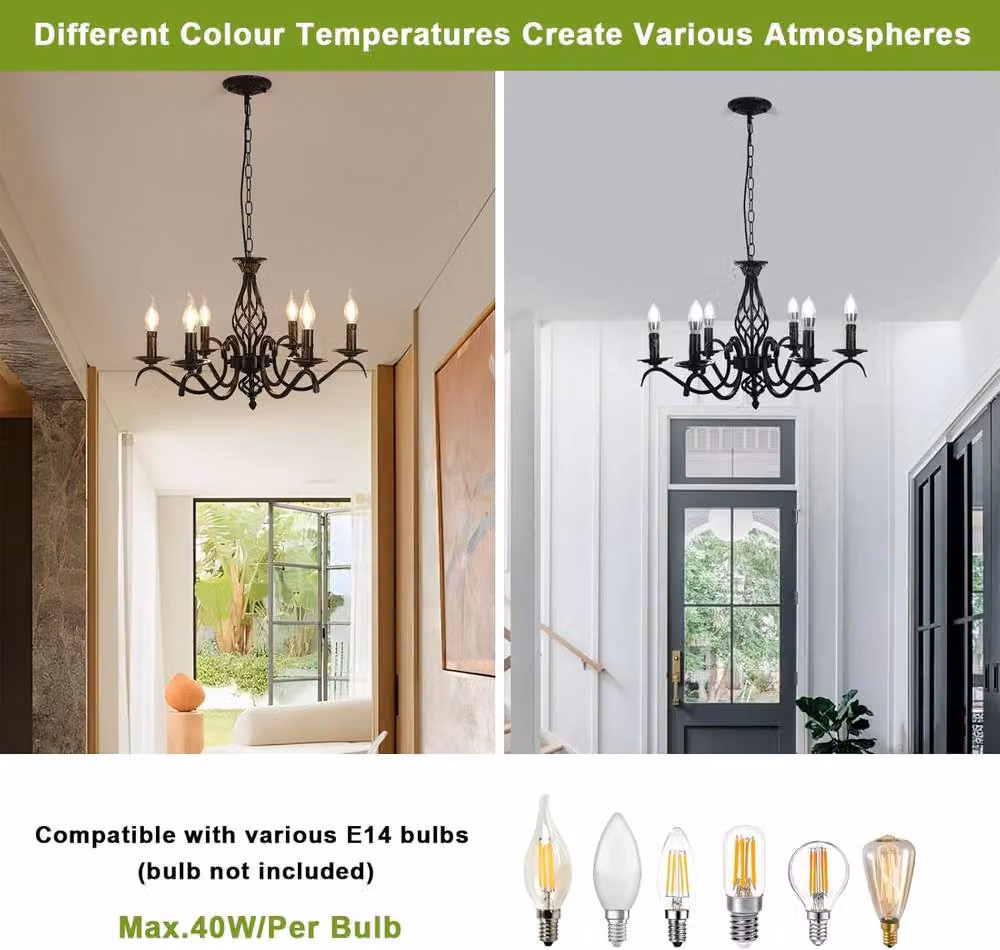 Goeco Vintage Metal Pendant Light in Black, Height Adjustable E14 Chandelier for Living Rooms and Bedrooms – 4