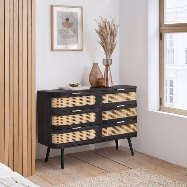 Birlea Noah 6 Drawer Chest in Black with Rattan and Wood Geometric Design