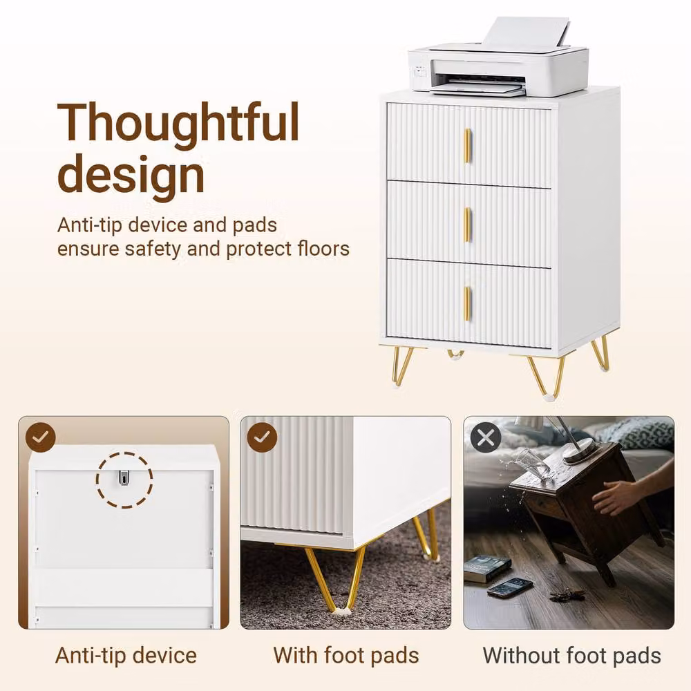 SoBuy 3 Drawer Bedside Table with Ribbed Front and Gold Handles in White – 4