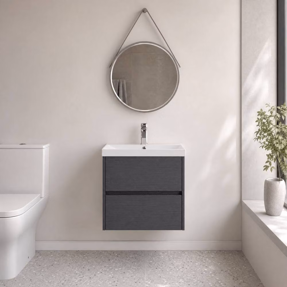 Balterley Modern Wall Hung 2 Drawer Bathroom Vanity Unit with Basin, Matt Grey, W: 60.0 cm, D: 39.5 cm, H: 58.9 cm – 2