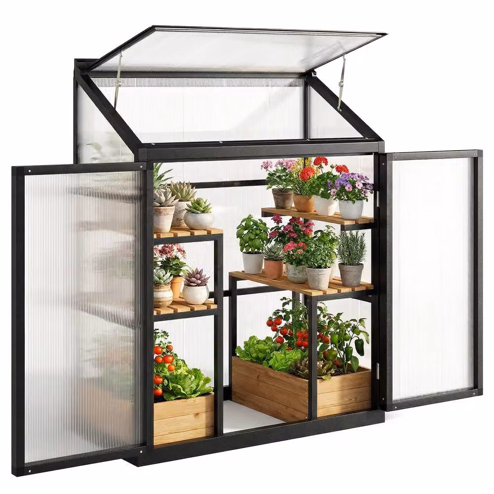 OUTSUNNY Black Aluminium and Polycarbonate Walk-in Greenhouse with Door, 0.6m2 – 2