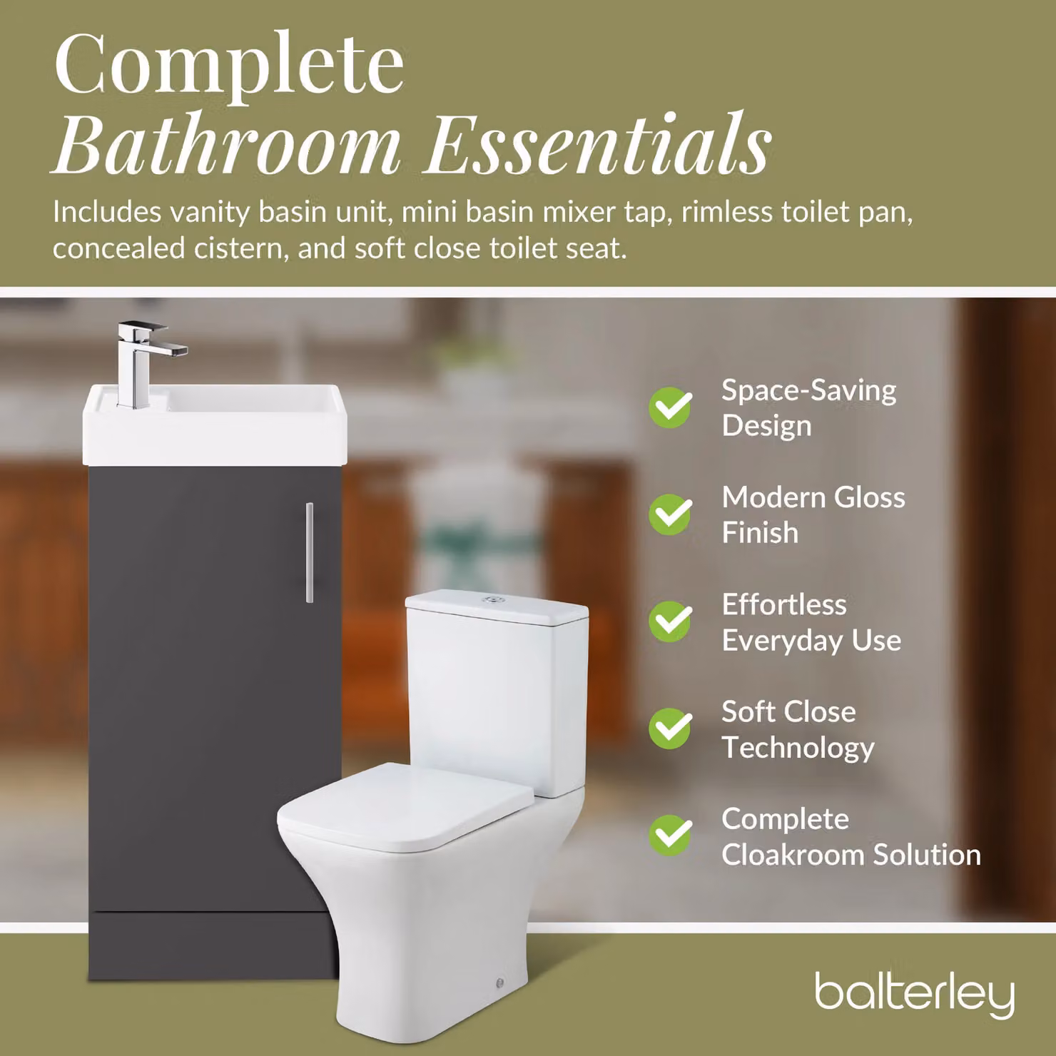 Balterley Wall Hung Vanity, Toilet, Cistern, Seat and Mini Tap Set in Gloss Grey and Chrome with Black Details – 3