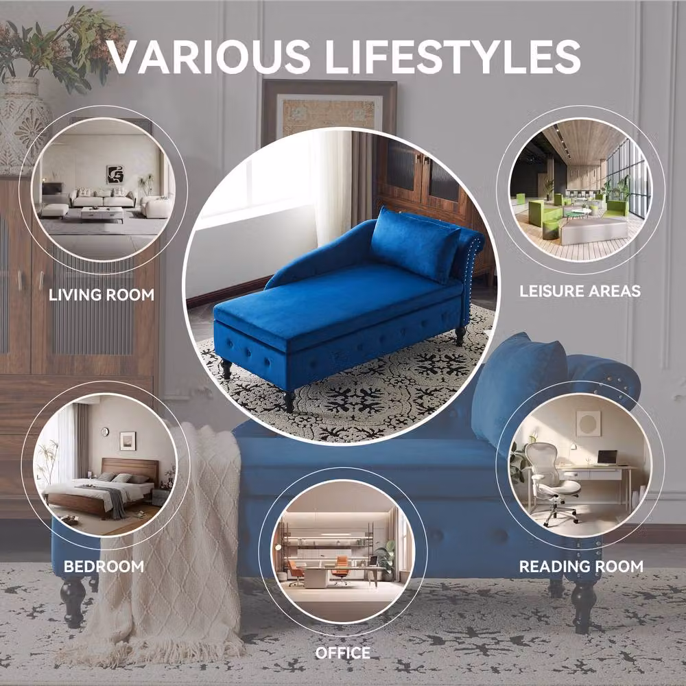 BTM Blue Velvet Chaise Lounge with Storage and Pillow, Right Armrest – 3