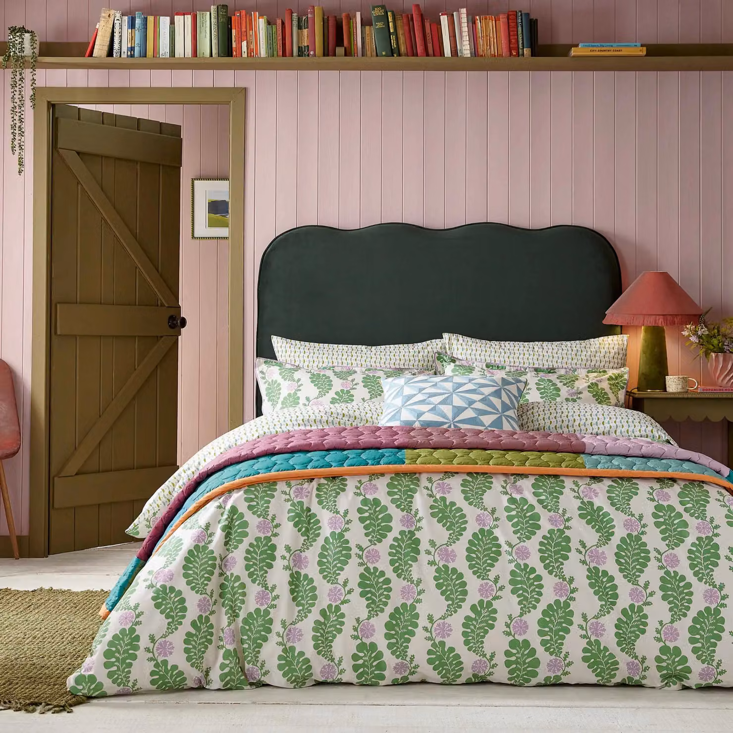 Land & Shore Cece Super Kingsize Reversible Cotton Duvet Cover and Pillowcase Set, Green and Purple Floral – 2