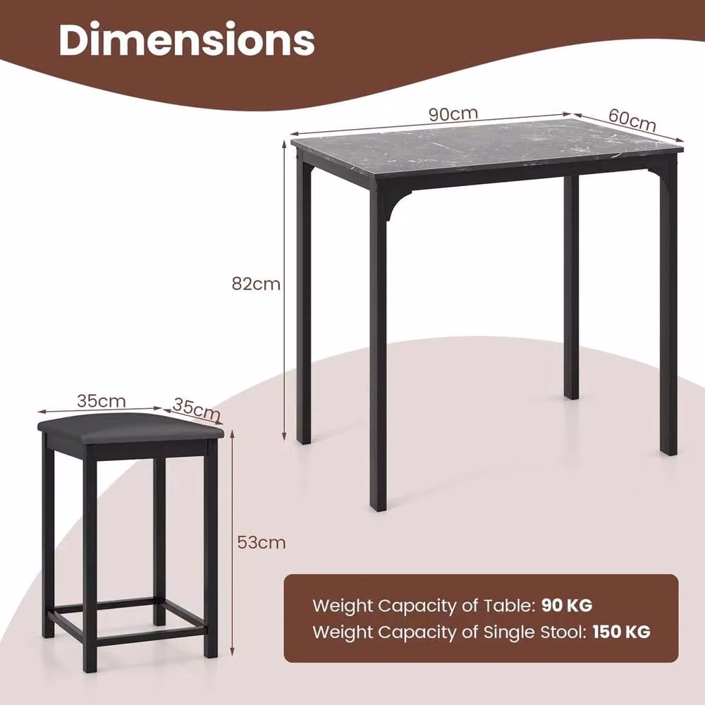 VOGREX Black 3-Piece Modern Counter Height Dining Set with Marble Effect Rectangular Table – 2