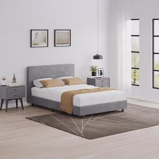 FWStyle Grey Small Double Upholstered Bed Frame with Ribbed Fabric and Wooden Slats, W/D/H: 120 x 200 cm