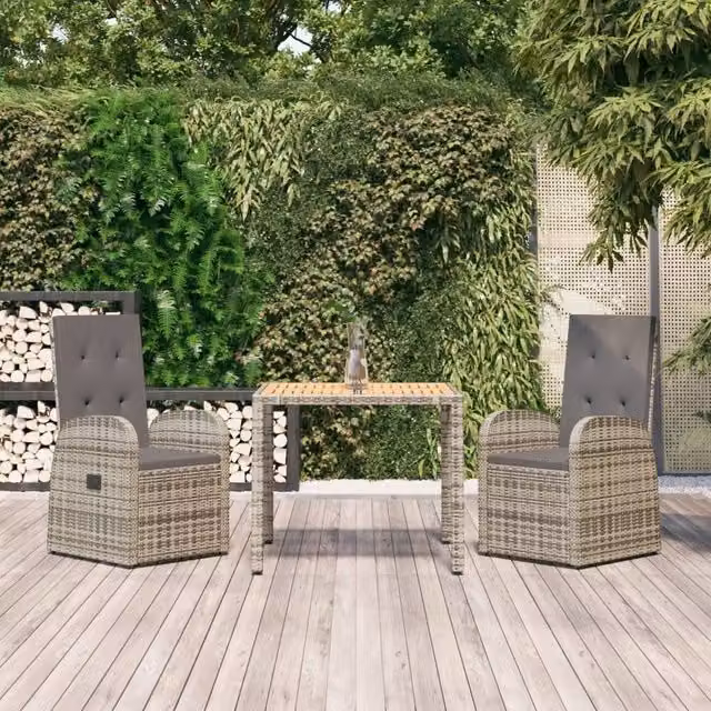 Berkfield Home 3 Piece Garden Dining Set in Grey Poly Rattan and Solid Acacia Wood – 1