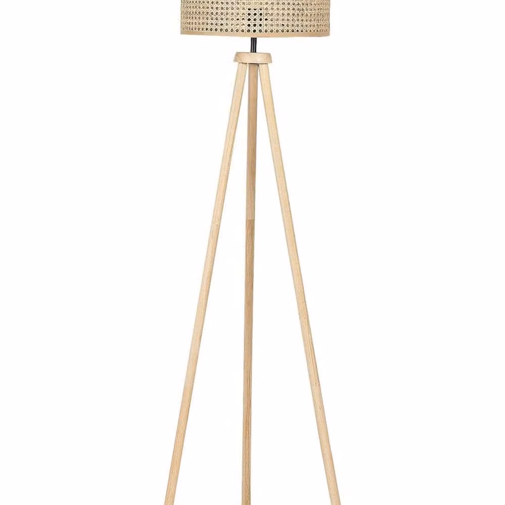 Wyld and Coco Rustic Rattan and Wood Tripod Drum Floor Lamp, Beige, Height: 151 cm – 2