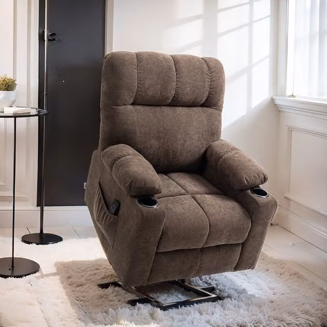 HOMCOM Electric Power Lift TV Chair with Cup Holder and Armrests, Dark Brown Fabric