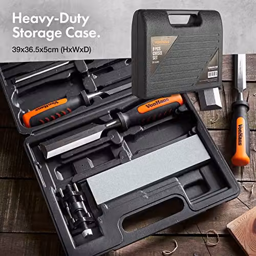 VonHaus 8-Piece Chrome Vanadium Woodworking Chisel Set with Sharpening Stone, Honing Guide and Storage Case – 4