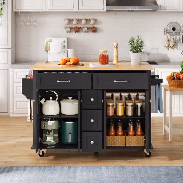 Aosom UK Versatile Kitchen Trolley with Extendable Worktop and 5 Drawers in Black and Natural, W: 65 cm, D: 65 cm, H: 89 cm – 1