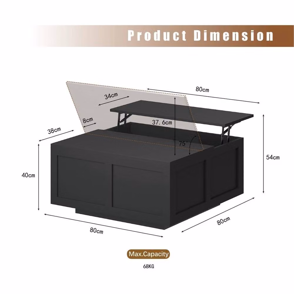 NESTLUNE Black Modern Square Coffee Table with Lift Top Storage and Glass Panel, W: 100 cm x D: 100 cm – 2