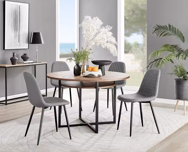 FurnitureboxUK Adley Brown Wood Round Dining Table and 4 Grey Corona Chairs with Black Legs – 1