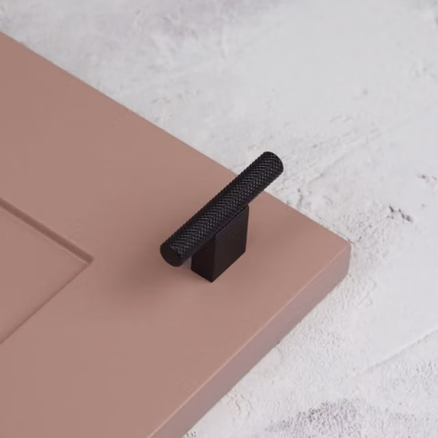 Matt Black Knurled Kitchen Cabinet Square Boss Handle and Matching Knob, 60mm
