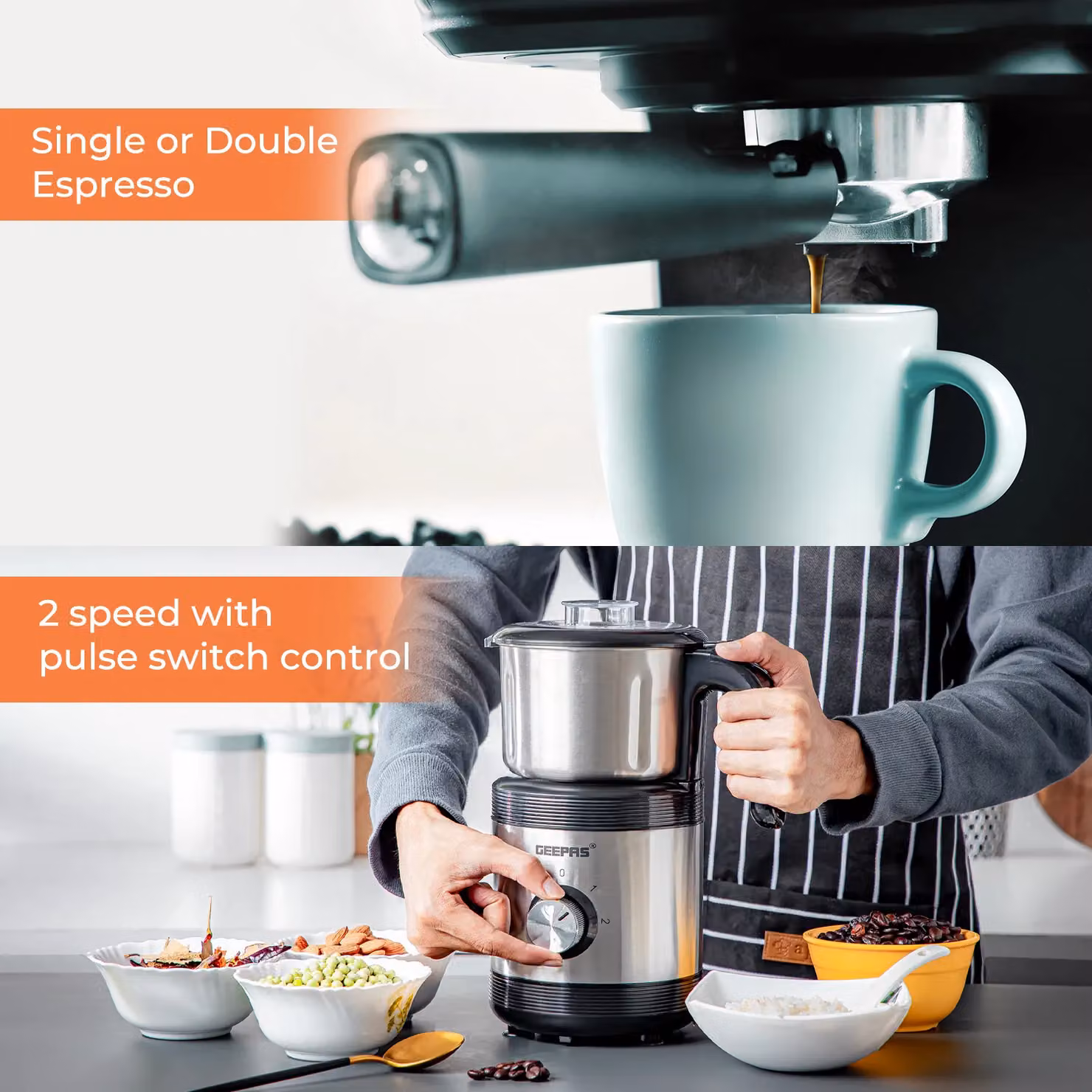 Geepas Espresso and Cappuccino Coffee Machine with 20 Bar Pressure and 450W Coffee Grinder Combo Set in Metallic Silver – 3