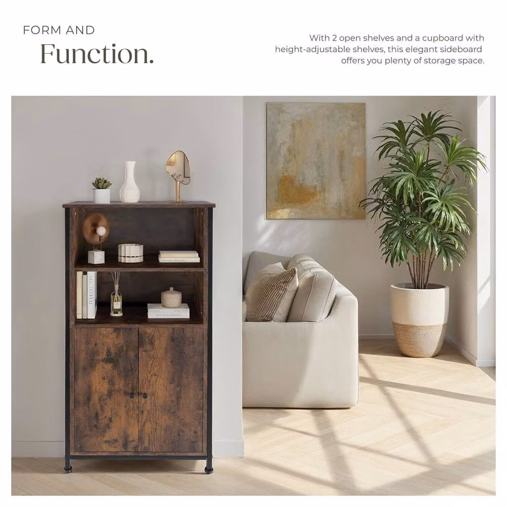 tectake Doncaster Display Cabinet in Brown Oak and Black Metal with Glass Doors and Internal Shelves – 4