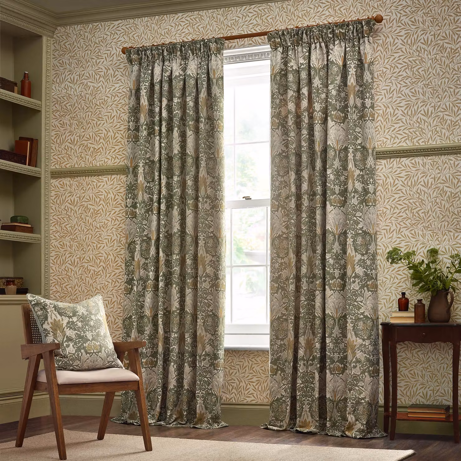 Morris & Co. Snakeshead Floral Jacquard Chenille Pencil Pleat Curtains in Beige and Yellow, Width: 229 cm, Height: 183 cm – 2