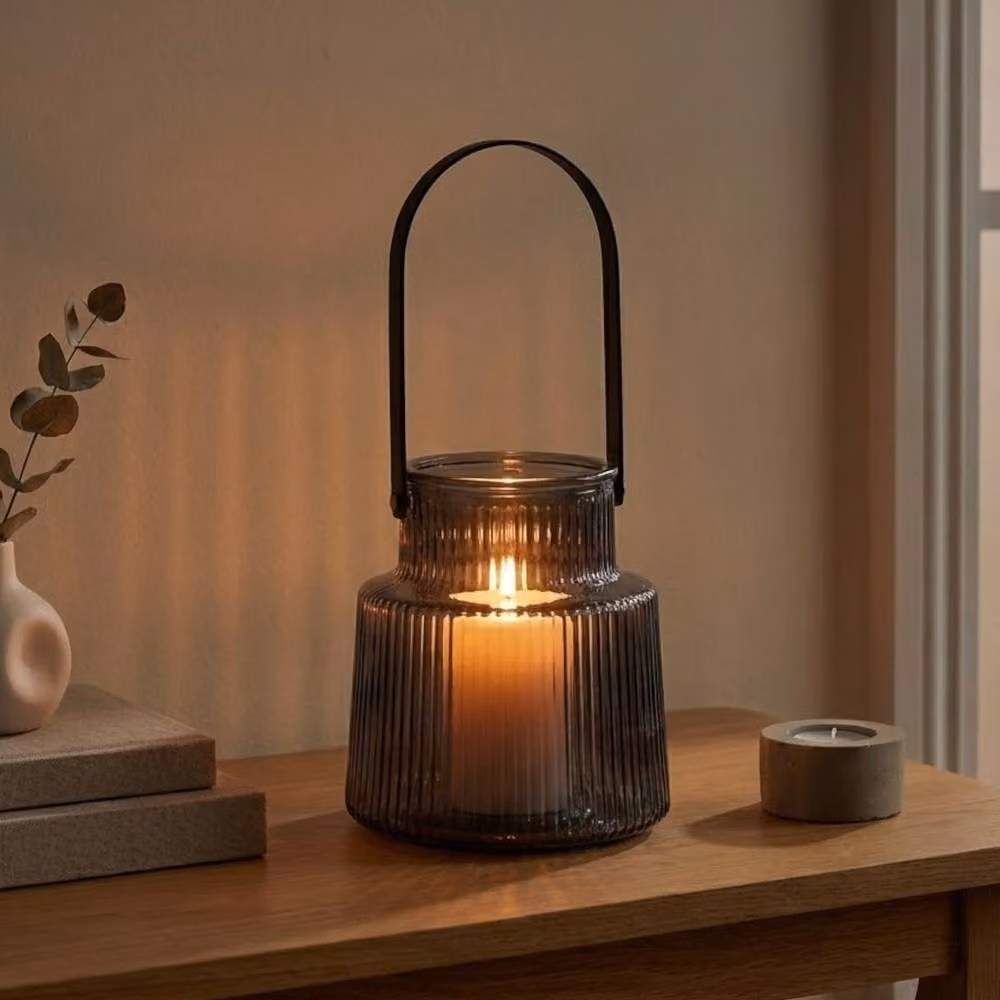 Garden Greatness Contemporary Grey Ribbed Glass Lantern H 28.0 cm x W 28.0 cm x D 13.0 cm – 2