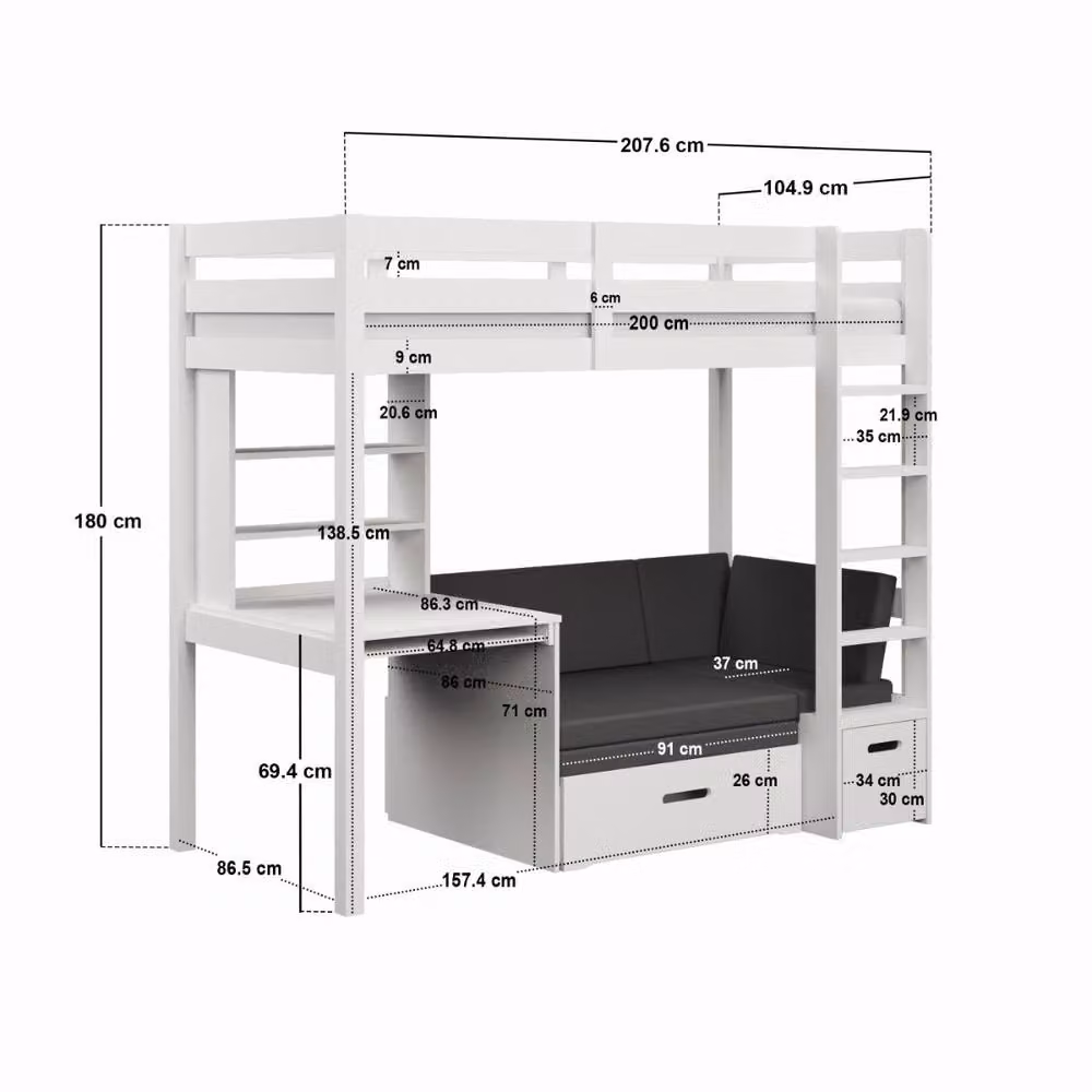 Noomi Eino High Sleeper with Futon Sofa and Desk in Black, EU Single Size – 2