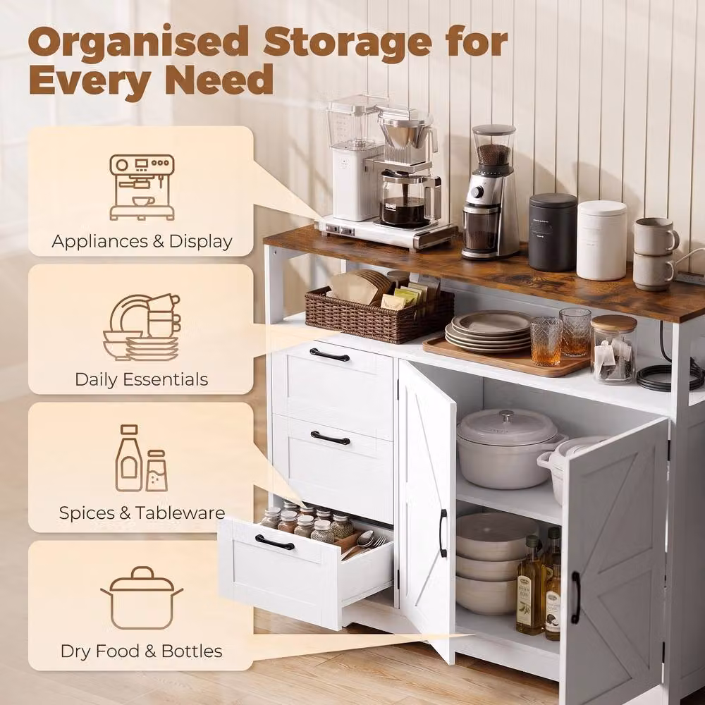 HOMCOM Rustic White and Brown Wood Sideboard Buffet Cabinet with Storage and Power Outlet – 3