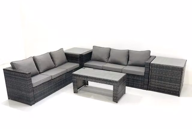 Fimous Garden Outdoor Rattan Furniture Set with Sofa, Coffee Table and 2 Side Tables in Dark Grey