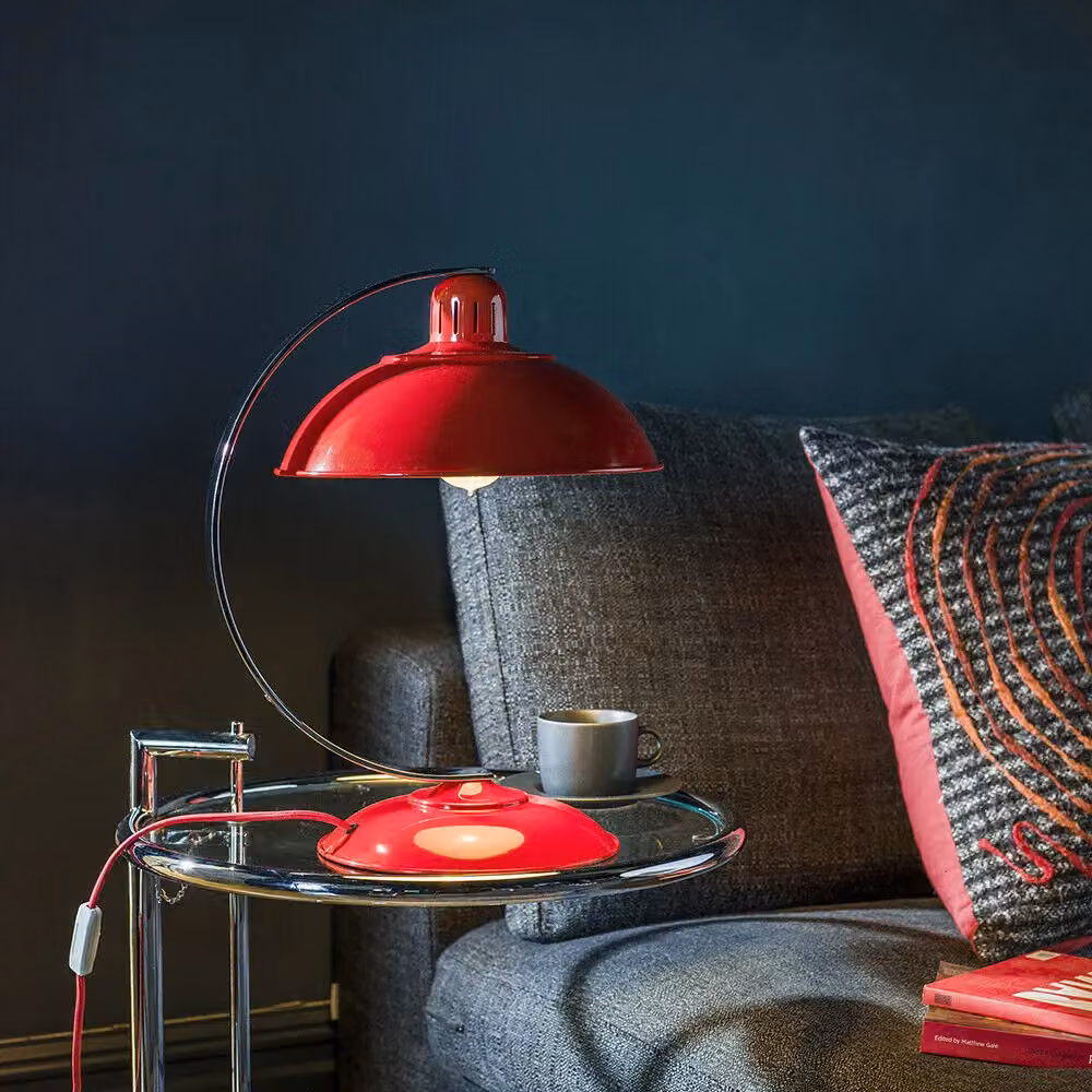 Loops Retro Style Curved Arm Table Lamp in Traffic Red and Chrome with E27 LED Bulb Support – 2