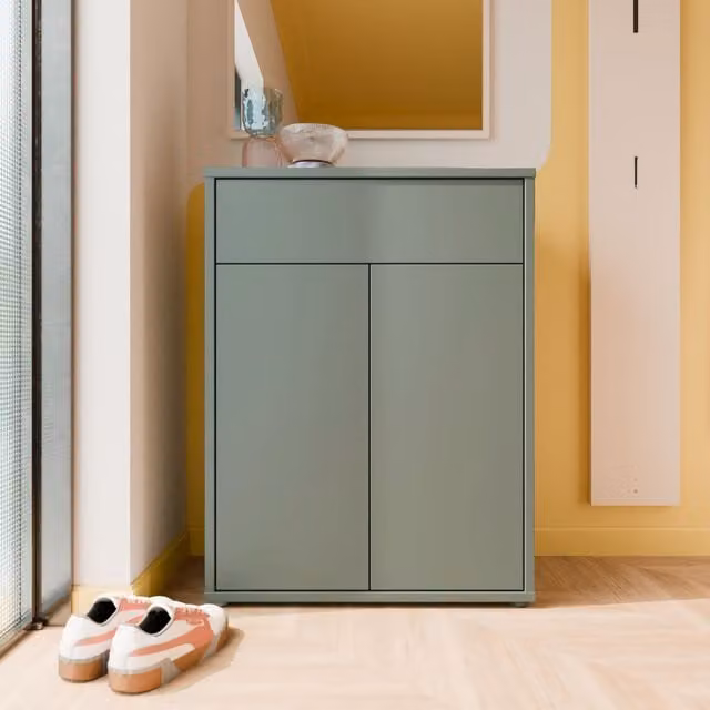 Furniture To Go Alice Springs Shoe Cabinet with 2 Push-Open Doors and 1 Push-Open Drawer in Light Grey and Sage Green