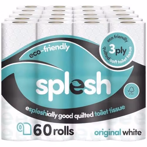 Cusheen Splesh 3-ply Unscented White Toilet Roll, 60 Pack – 1