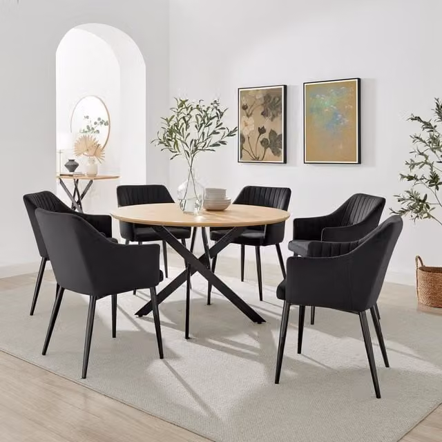 FurnitureboxUK Novara Oak Effect Round Dining Table and 6 Calla Black Velvet Chairs Set, Black