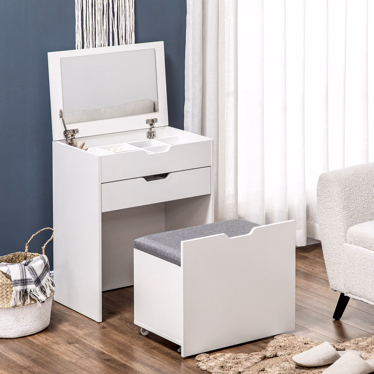 HOMCOM White Modern Dressing Table with Flip-up Mirror, Storage Stool and Hidden Compartments – 2
