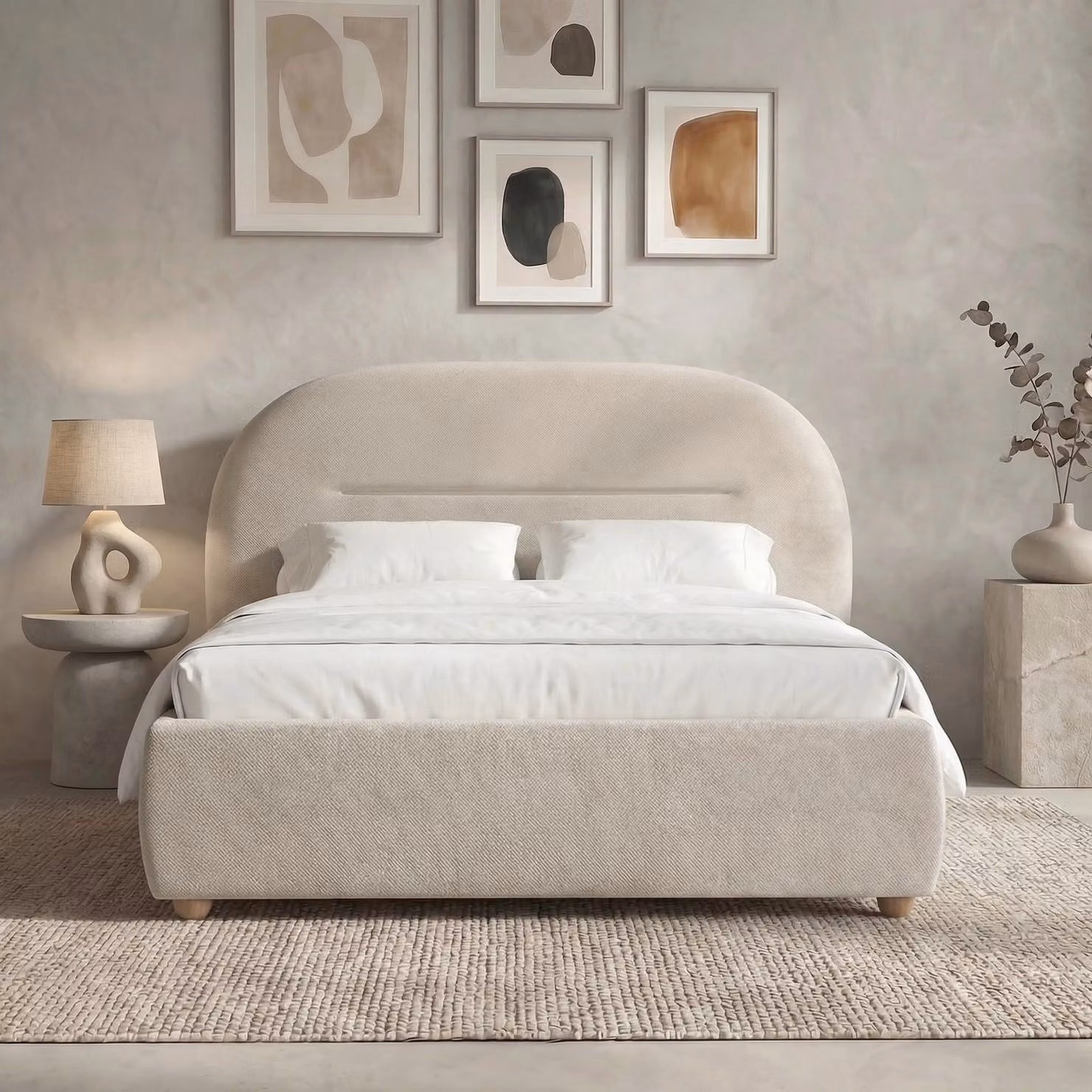 DHS Maloye Upholstered Bed Frame in Beige, Double (4ft6)