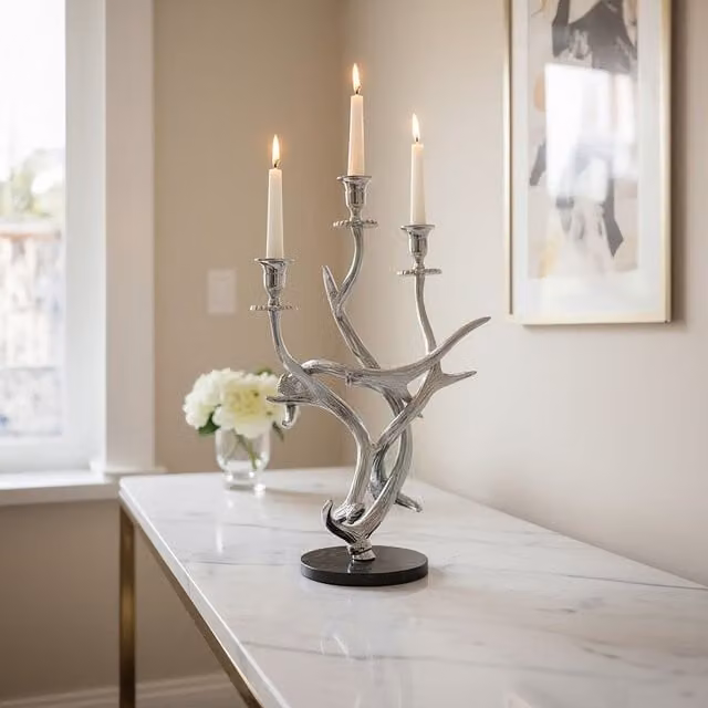 Orsina 3 Arm Antler Candelabra with Black Marble Base in Silver, H 58.0 x W 26.0 x D 26.0 cm – 2