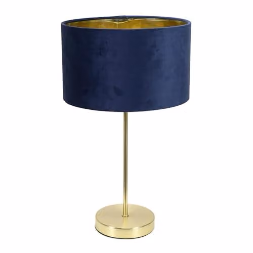 ValueLights Charlie Gold Stem Table Lamp with Blue Fabric Drum Shade and Gold Inner Shade including Warm White Bulb, H 43 cm x W 25 cm x D 25 cm