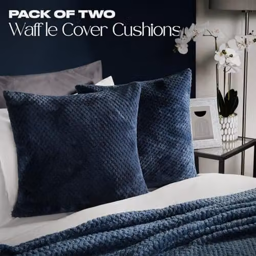 Brentfords Waffle Fleece Square Cushion Covers Set of 2, Blue, W/D/H: 45 x 45 x 45 cm – 2
